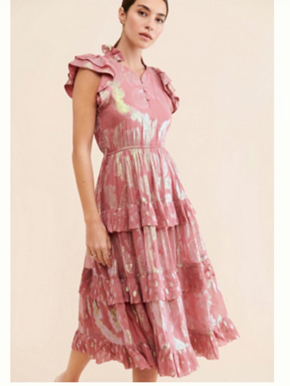 Anthropologie Pink and Gold Midi Dress